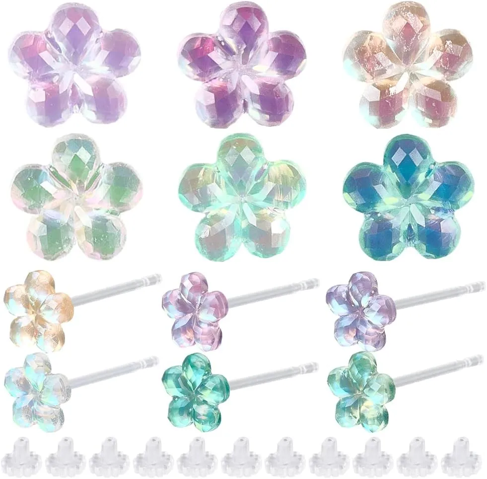 1 Box 6 Pairs Flower Resin Stud Earrings Spring Post Earrings Cute Five Petal Crystal Colorful Comfortable Studs with Clear Backs for Sensitive Ears Women Comfortable Lightweight Daily Wear