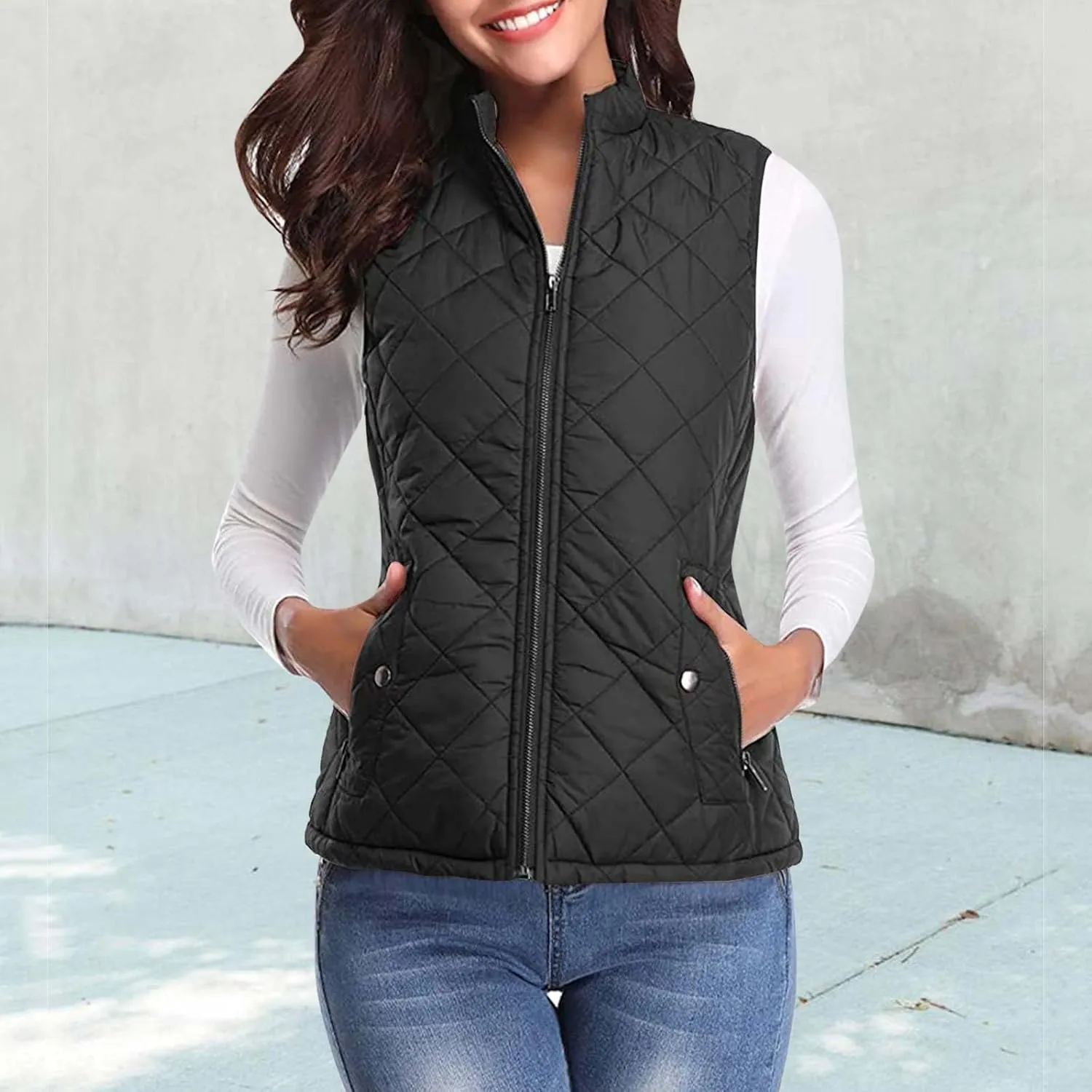 2024 Women's Lightweight Quilted Softshell Vest Winter Windproof Puffer Vests Full Zip Up Sleeveless Down Coats Jackets
