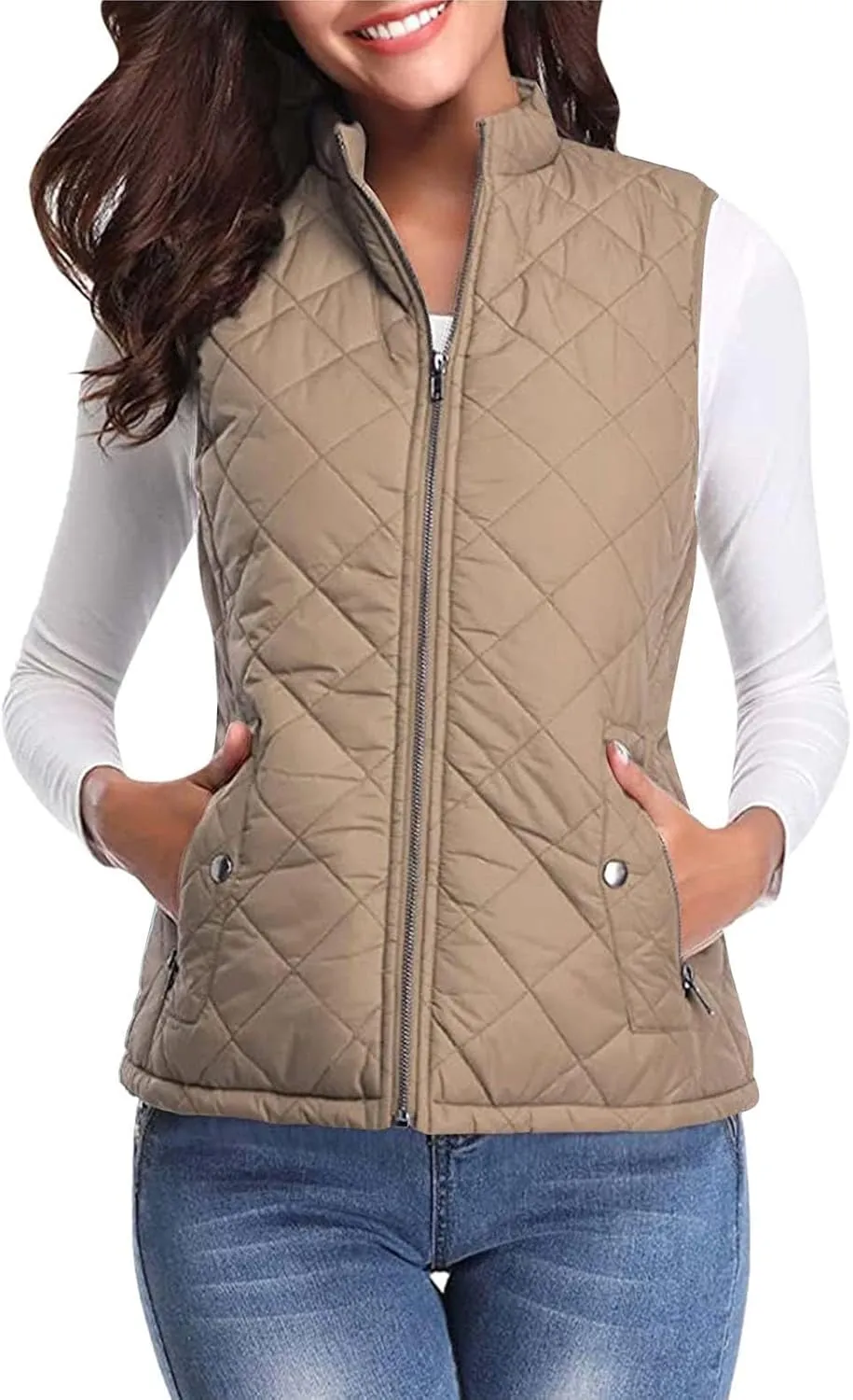 2024 Women's Lightweight Quilted Softshell Vest Winter Windproof Puffer Vests Full Zip Up Sleeveless Down Coats Jackets