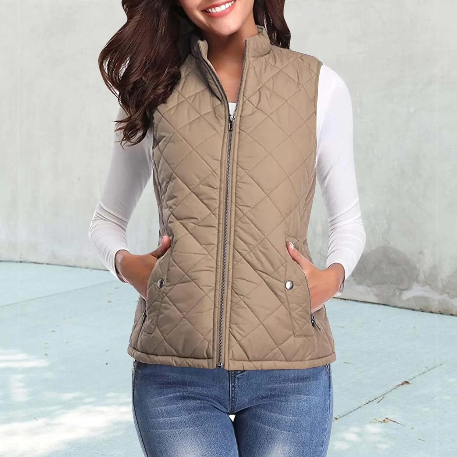 2024 Women's Lightweight Quilted Softshell Vest Winter Windproof Puffer Vests Full Zip Up Sleeveless Down Coats Jackets