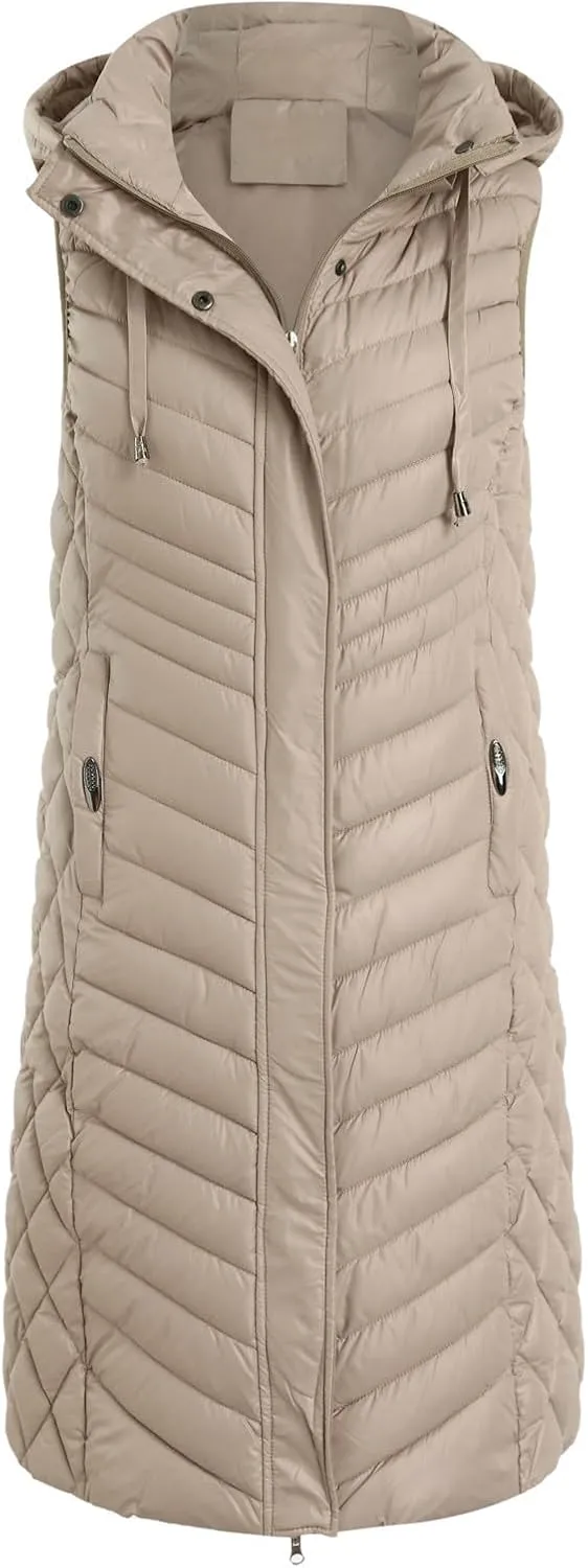 2024 Women's Long Quilted Vest Hooded Winter Warm Sleeveless Cotton Padded Jacket Thicken Down Coats Trendy Puffer Vests