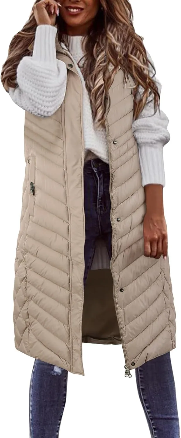 2024 Women's Long Quilted Vest Hooded Winter Warm Sleeveless Cotton Padded Jacket Thicken Down Coats Trendy Puffer Vests