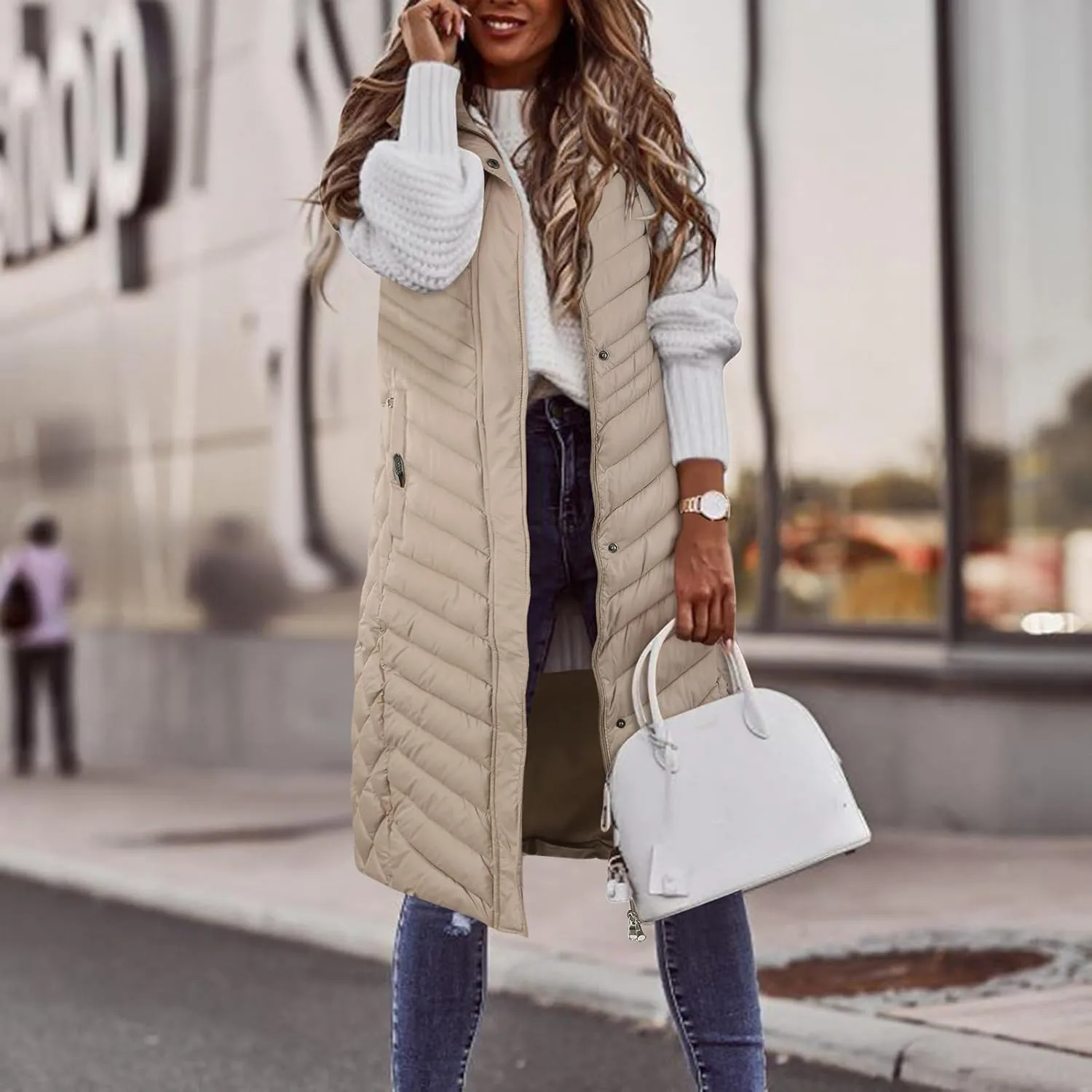2024 Women's Long Quilted Vest Hooded Winter Warm Sleeveless Cotton Padded Jacket Thicken Down Coats Trendy Puffer Vests