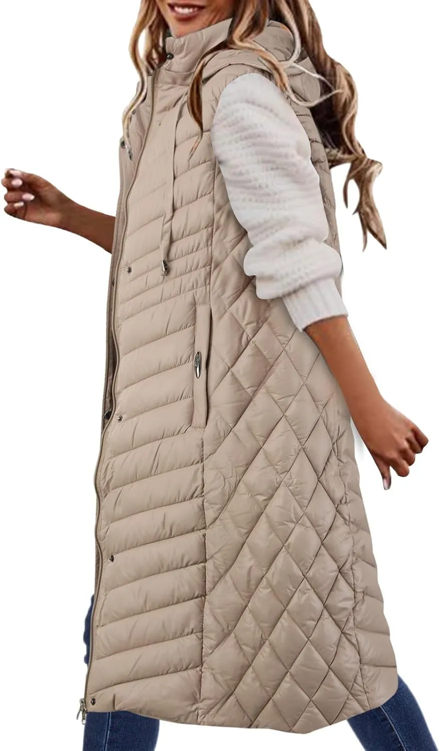 2024 Women's Long Quilted Vest Hooded Winter Warm Sleeveless Cotton Padded Jacket Thicken Down Coats Trendy Puffer Vests