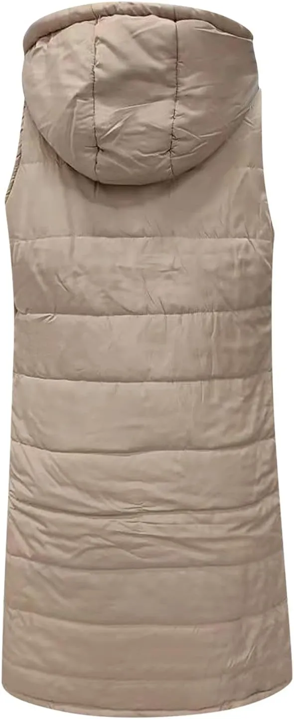 2024 Women's Winter Hooded Puffer Vest Long Sleeveless Down Coats Trendy Fashion Warm Outdoor Quilted Vests with Pockets