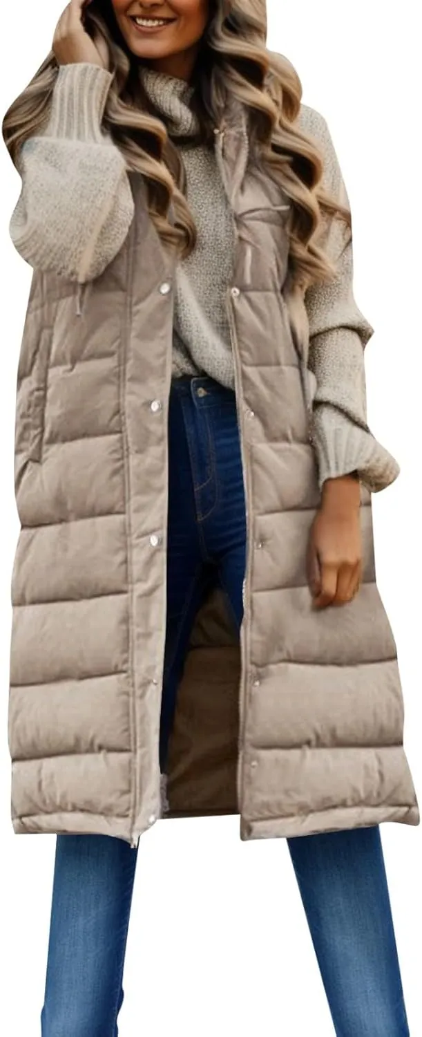 2024 Women's Winter Hooded Puffer Vest Long Sleeveless Down Coats Trendy Fashion Warm Outdoor Quilted Vests with Pockets
