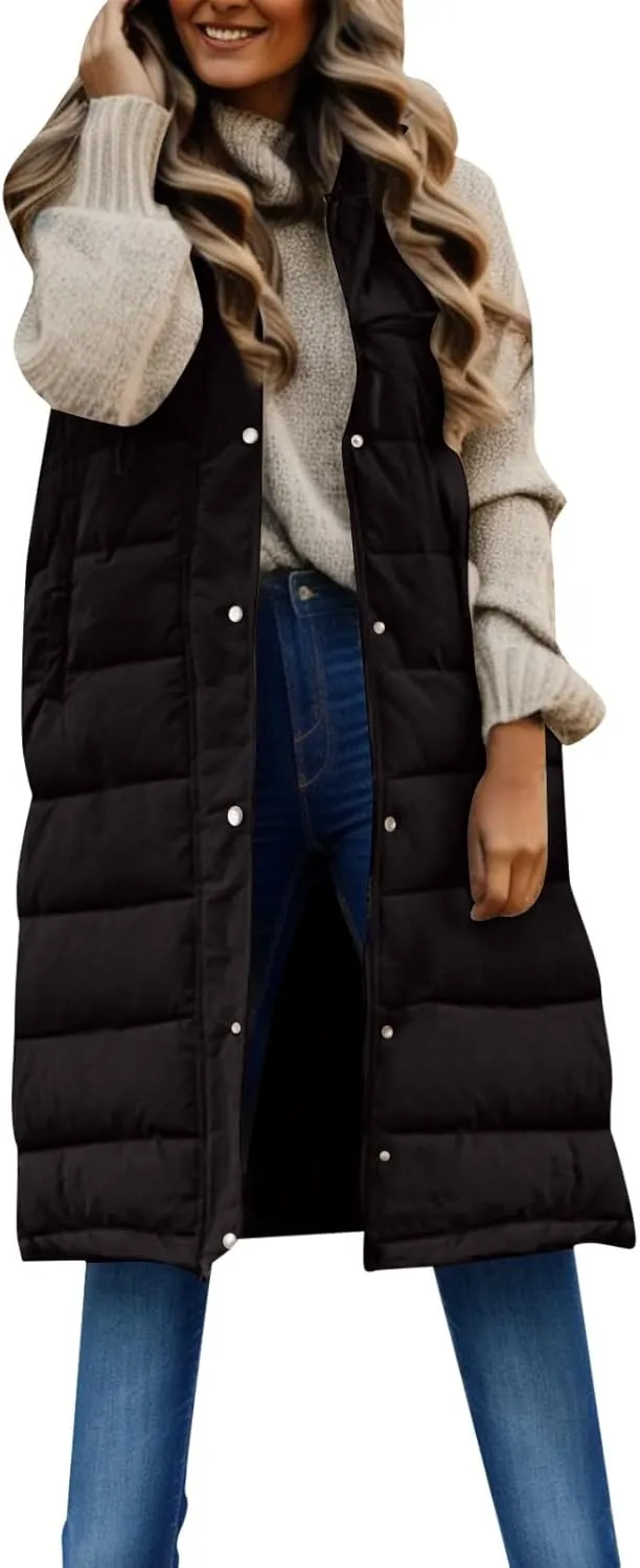 2024 Women's Winter Hooded Puffer Vest Long Sleeveless Down Coats Trendy Fashion Warm Outdoor Quilted Vests with Pockets