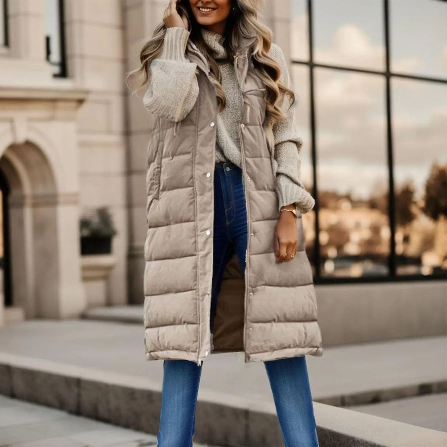 2024 Women's Winter Hooded Puffer Vest Long Sleeveless Down Coats Trendy Fashion Warm Outdoor Quilted Vests with Pockets