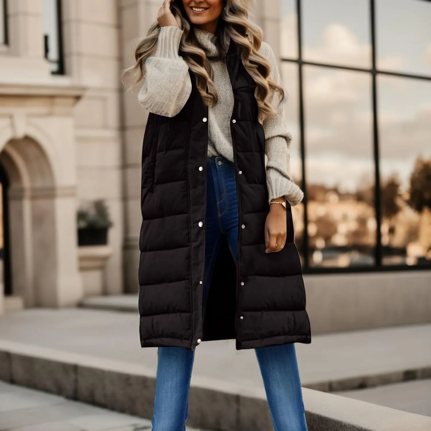 2024 Women's Winter Hooded Puffer Vest Long Sleeveless Down Coats Trendy Fashion Warm Outdoor Quilted Vests with Pockets