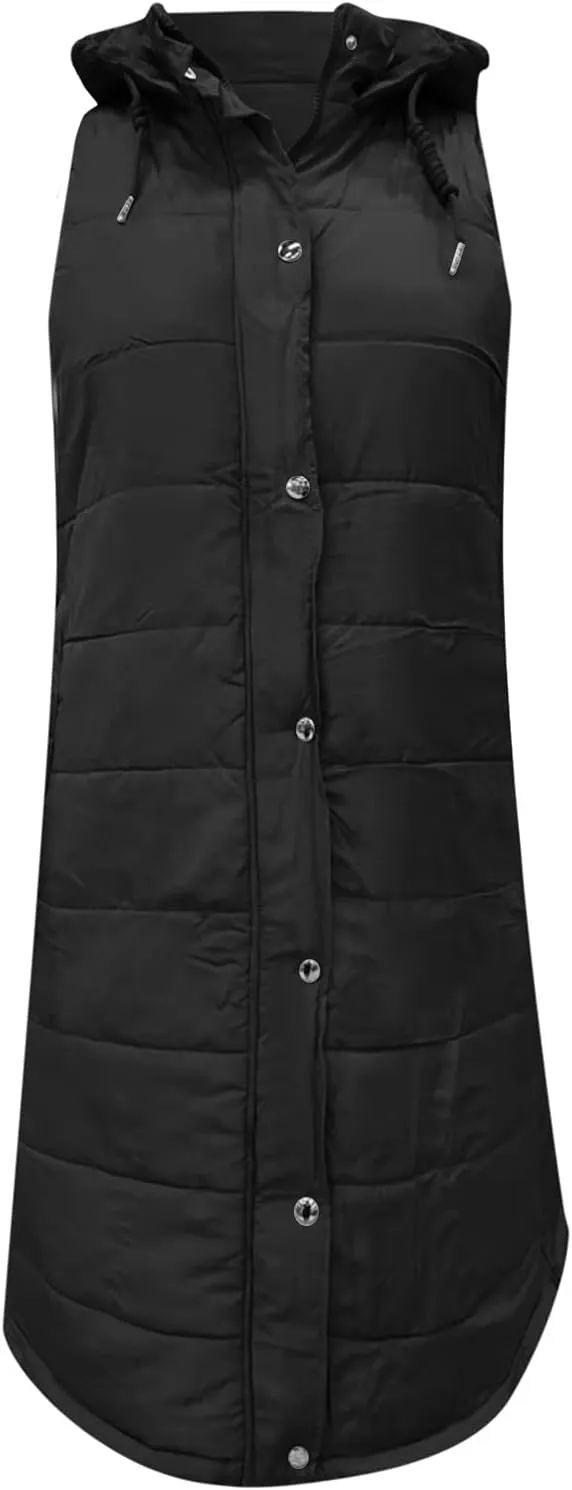 2024 Women's Winter Hooded Puffer Vest Long Sleeveless Down Coats Trendy Fashion Warm Outdoor Quilted Vests with Pockets