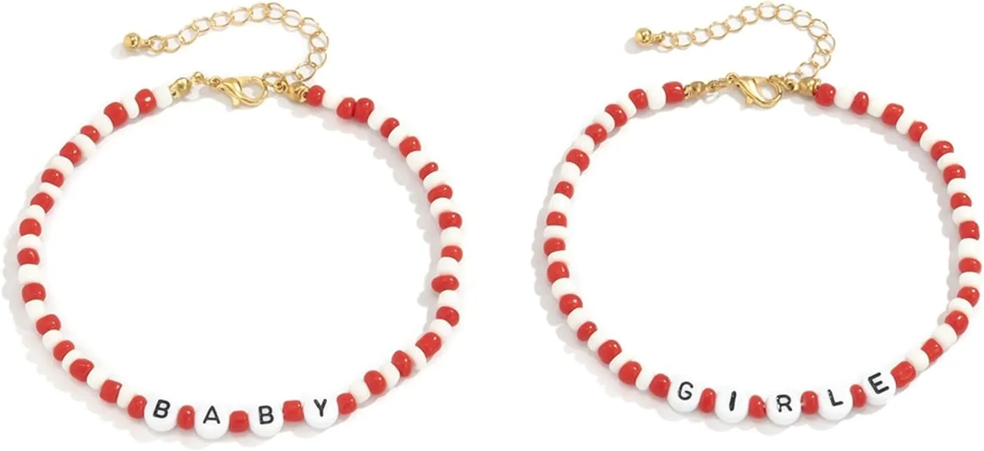 2Pcs Anklets for Women Adjustable Baby Girle Anklets Red White Anklets Set for Women Beach Jewelry Gifts, 27CM