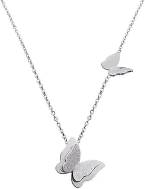 316L Stainless Steel Jewelry Double-layer Butterfly Choker Collier Necklaces & Pendants For Women FH7UD (Silver)