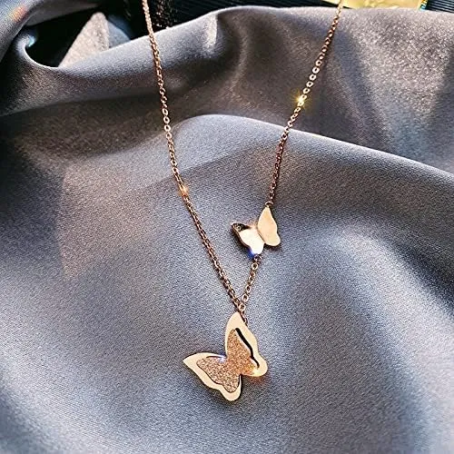 316L Stainless Steel Jewelry Double-layer Butterfly Choker Collier Necklaces & Pendants For Women FH7UD (Silver)