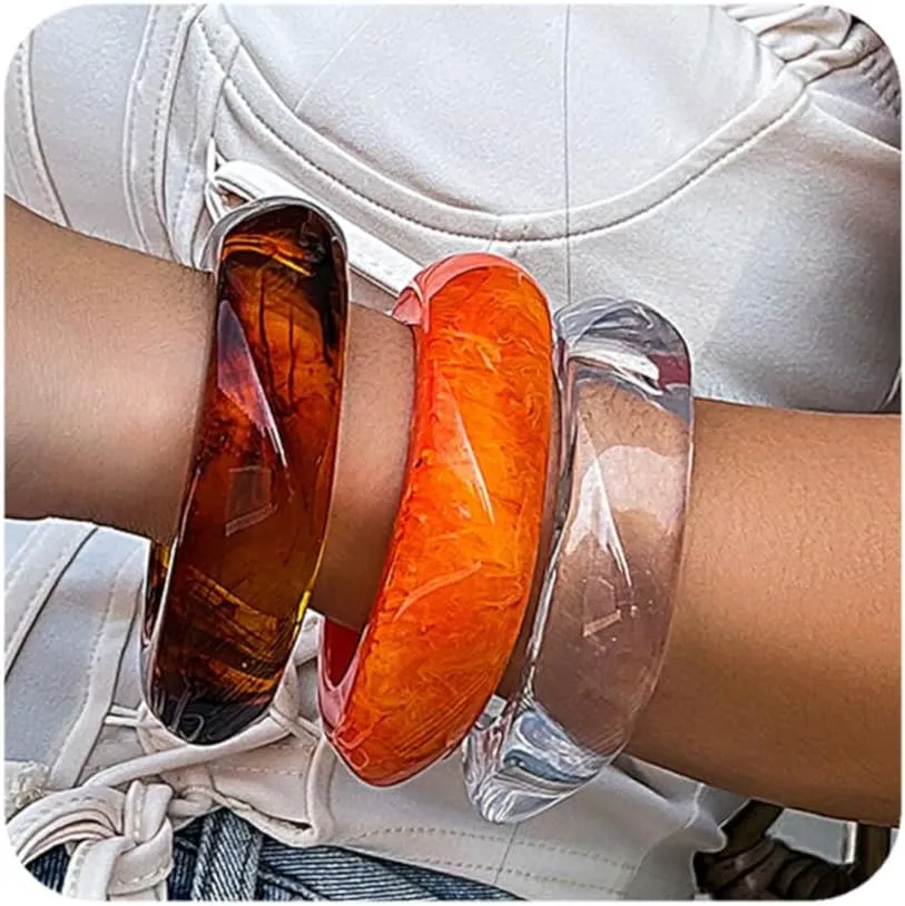 3Pcs Resin Chunky Bangle Bracelets for Women, Beach Colorful Irregular Acrylic Bracelet, Wide Stackable Bangles Vacation Bracelet