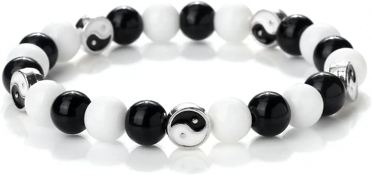Alloy Tai Chi Gossip Beaded Bracelet Men Yinyang Black White Natural Stone Bracelets Charm Gift for Friend Couple Prayer Jewelry