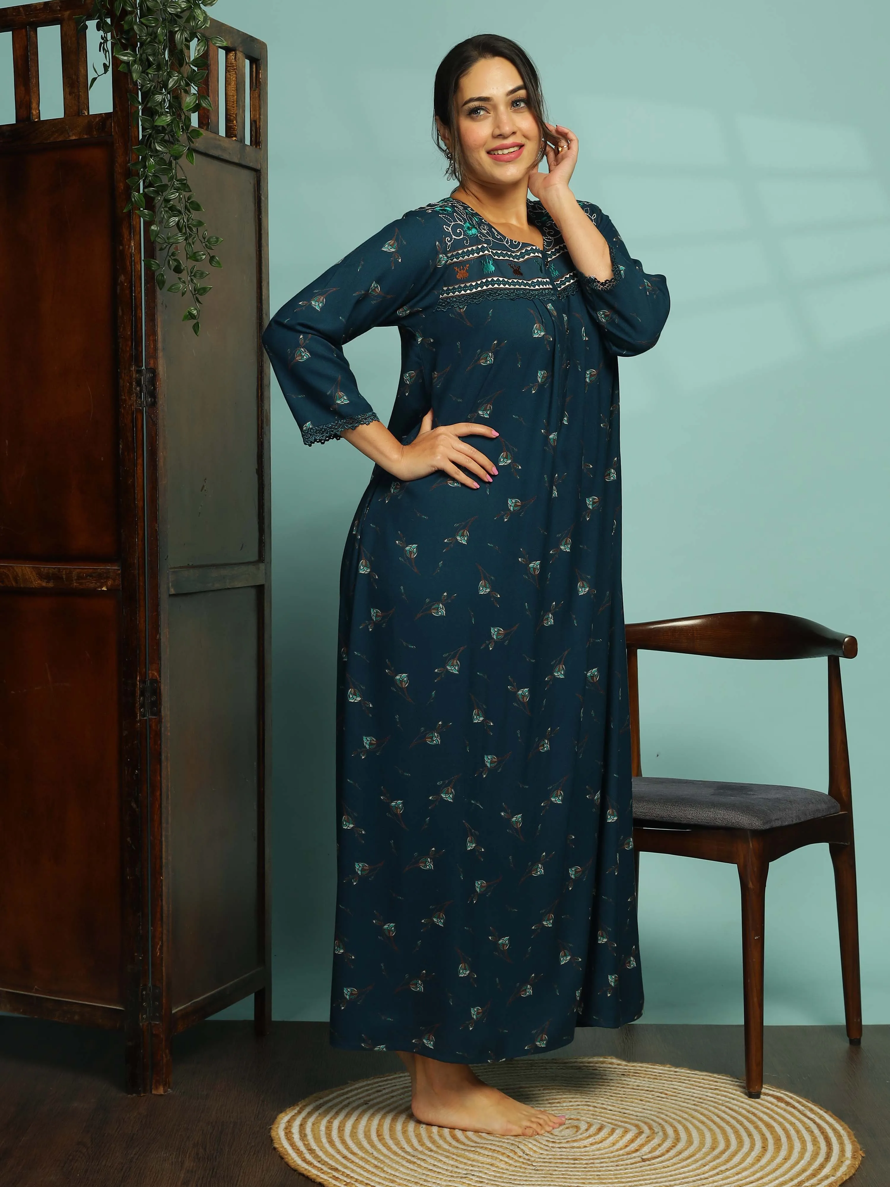 Alpine Sea Blue Designer Nighty for Women With Stylish & Comfortable