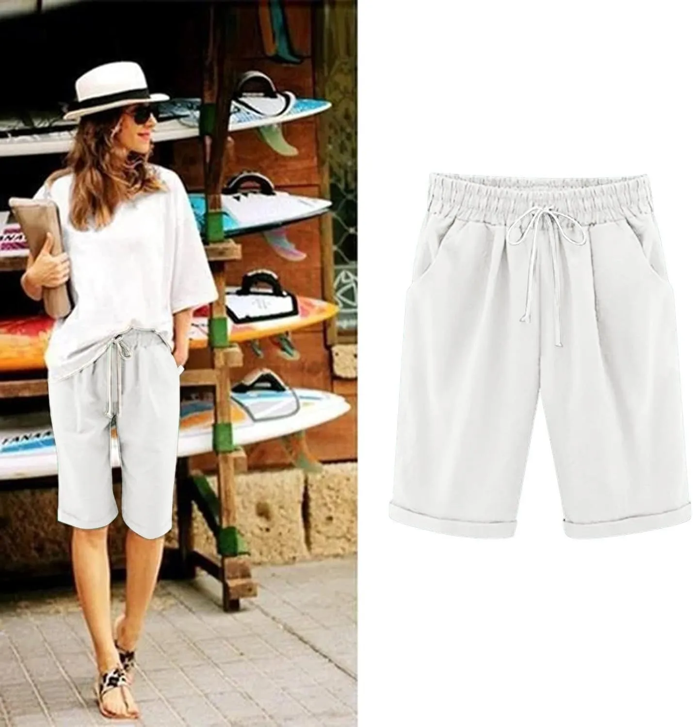 AMDBEL Bermuda Shorts for Women Trendy Baggy Women's Bermuda Shorts Long Sweat Knit Shorts with Pockets Lounge Workout Shorts