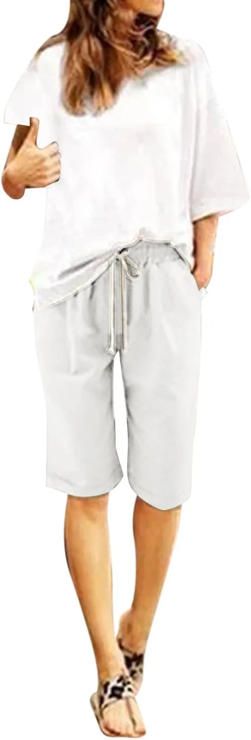 AMDBEL Bermuda Shorts for Women Trendy Baggy Women's Bermuda Shorts Long Sweat Knit Shorts with Pockets Lounge Workout Shorts
