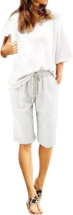 AMDBEL Bermuda Shorts for Women Trendy Baggy Women's Bermuda Shorts Long Sweat Knit Shorts with Pockets Lounge Workout Shorts