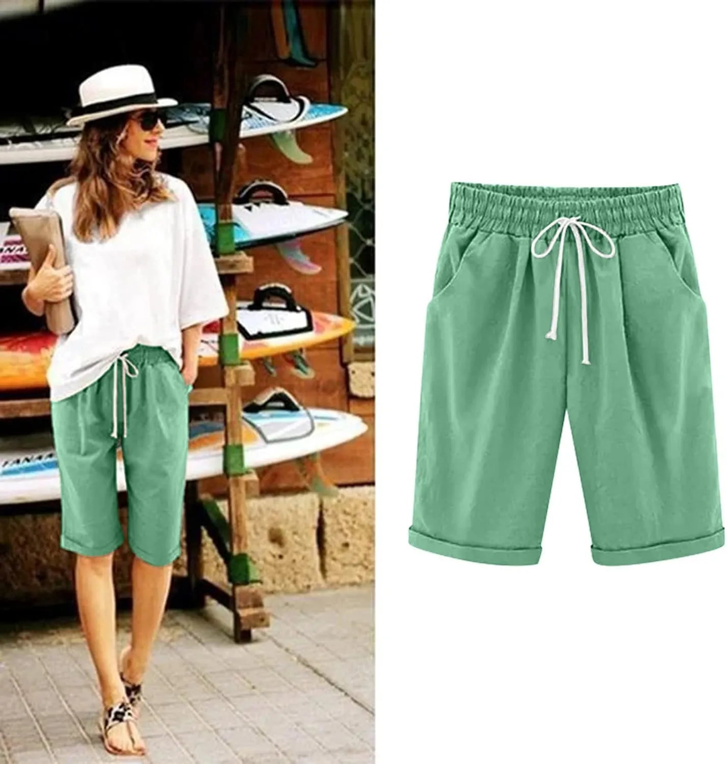 AMDBEL Bermuda Shorts for Women Trendy Baggy Women's Bermuda Shorts Long Sweat Knit Shorts with Pockets Lounge Workout Shorts