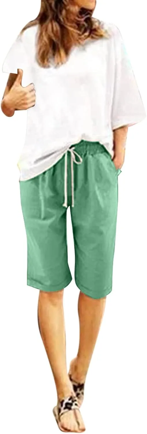 AMDBEL Bermuda Shorts for Women Trendy Baggy Women's Bermuda Shorts Long Sweat Knit Shorts with Pockets Lounge Workout Shorts