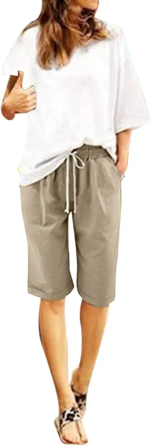 AMDBEL Bermuda Shorts for Women Trendy Womens Bermuda Long Shorts with Pockets Cotton Sweat Shorts Jersey Knee Length Shorts