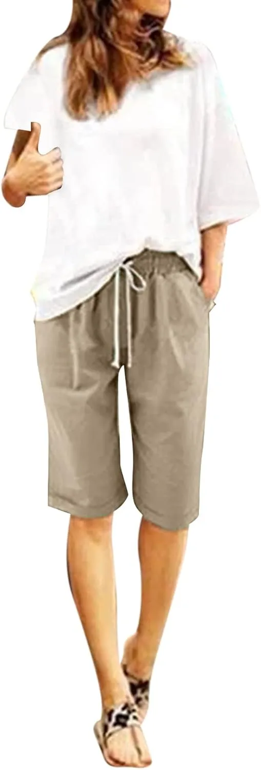 AMDBEL Bermuda Shorts for Women Trendy Womens Bermuda Long Shorts with Pockets Cotton Sweat Shorts Jersey Knee Length Shorts