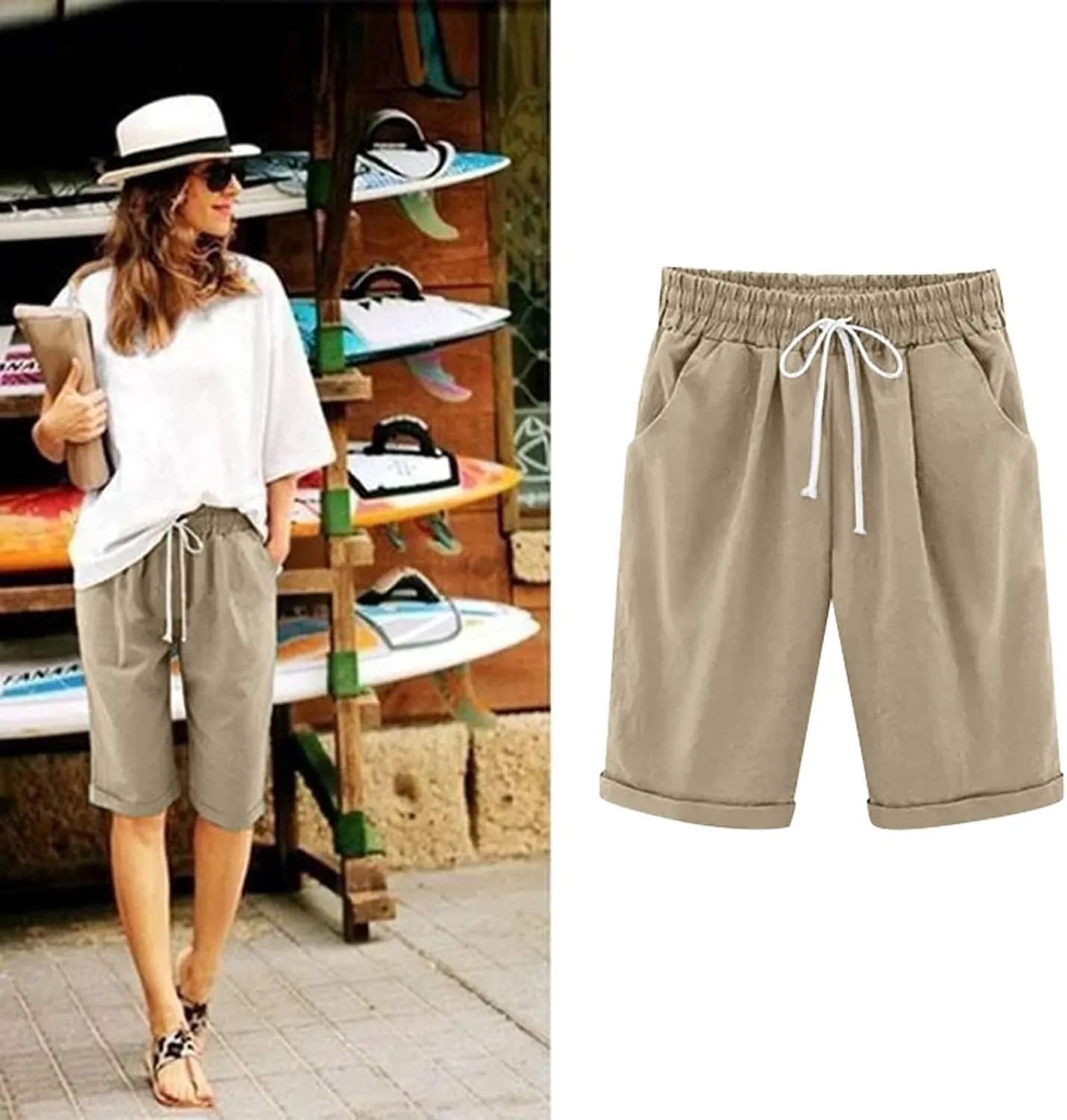 AMDBEL Bermuda Shorts for Women Trendy Womens Bermuda Long Shorts with Pockets Cotton Sweat Shorts Jersey Knee Length Shorts