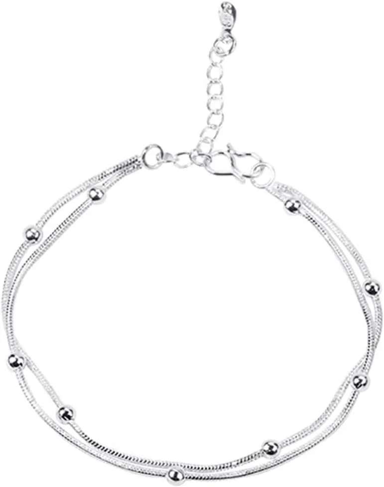Anklets 925 Sterling Silver, Silver Anklets for Women Double Chain with Bead Chain Anklets Dainty Jewelry Gift 25CM