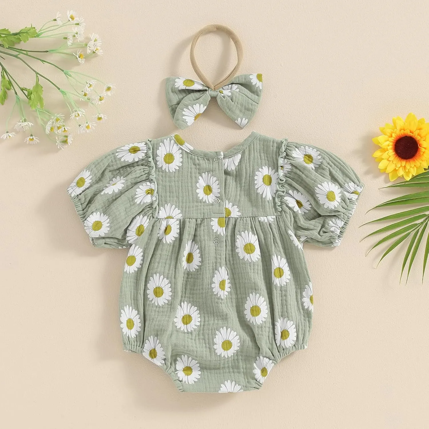 Baby Girl Rompers Daisy Print Short Sleeve Infant Bodysuit Summer Newborn Girl Linen Cotton Jumpsuit Clothes Headband