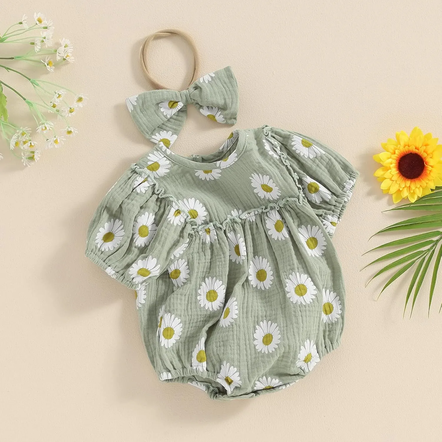 Baby Girl Rompers Daisy Print Short Sleeve Infant Bodysuit Summer Newborn Girl Linen Cotton Jumpsuit Clothes Headband