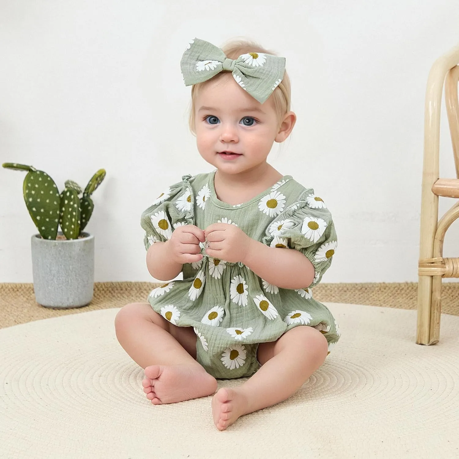 Baby Girl Rompers Daisy Print Short Sleeve Infant Bodysuit Summer Newborn Girl Linen Cotton Jumpsuit Clothes Headband