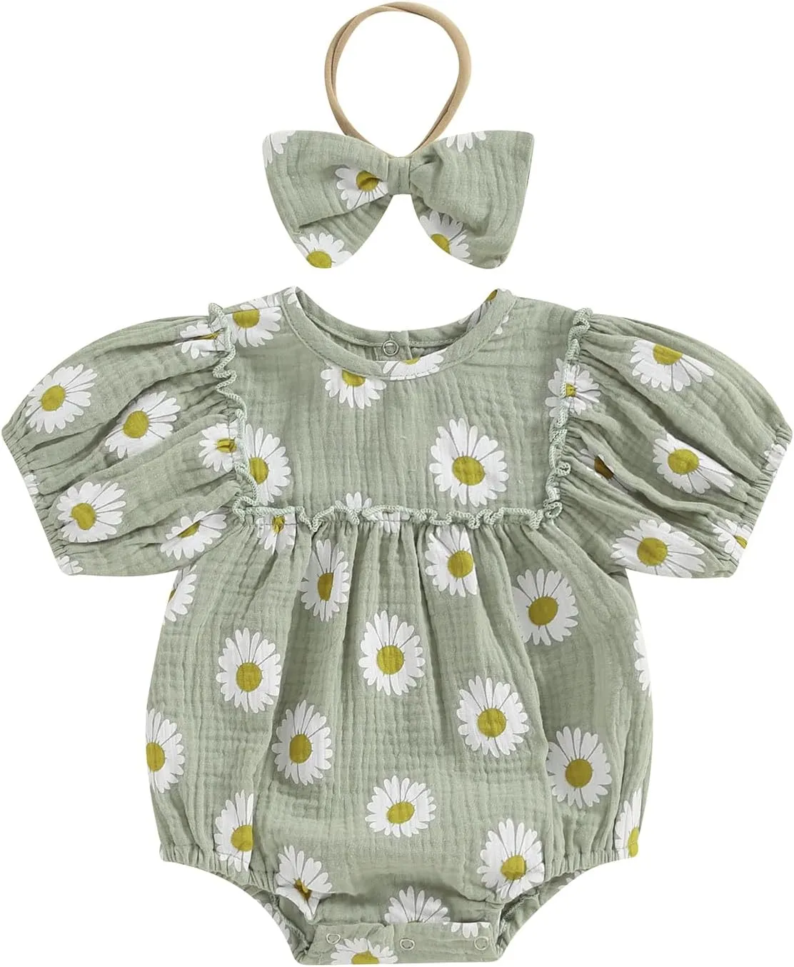 Baby Girl Rompers Daisy Print Short Sleeve Infant Bodysuit Summer Newborn Girl Linen Cotton Jumpsuit Clothes Headband