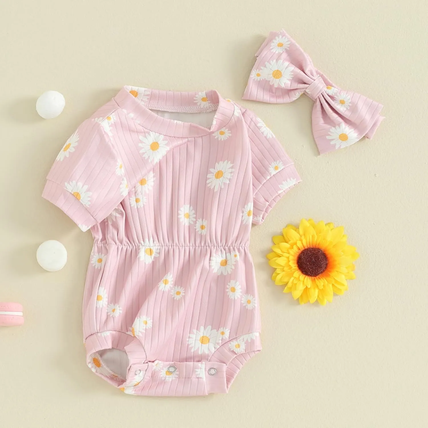 Baby Girls Romper Round Neck Short Sleeve Ribbed Daisy Bodysuit Toddler Summer Smocked Romper Clothes with Headband