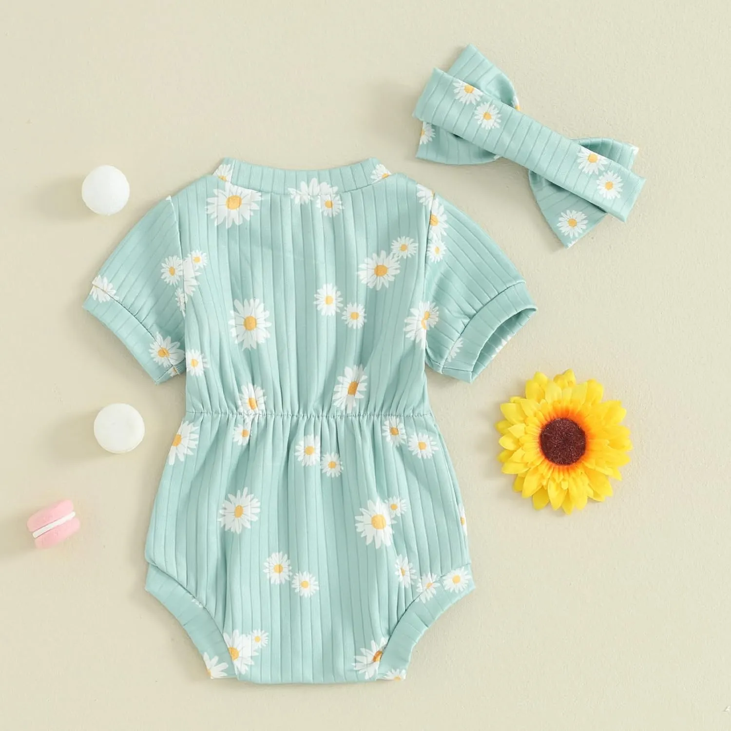 Baby Girls Romper Round Neck Short Sleeve Ribbed Daisy Bodysuit Toddler Summer Smocked Romper Clothes with Headband