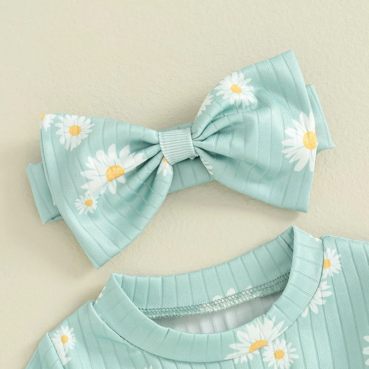 Baby Girls Romper Round Neck Short Sleeve Ribbed Daisy Bodysuit Toddler Summer Smocked Romper Clothes with Headband