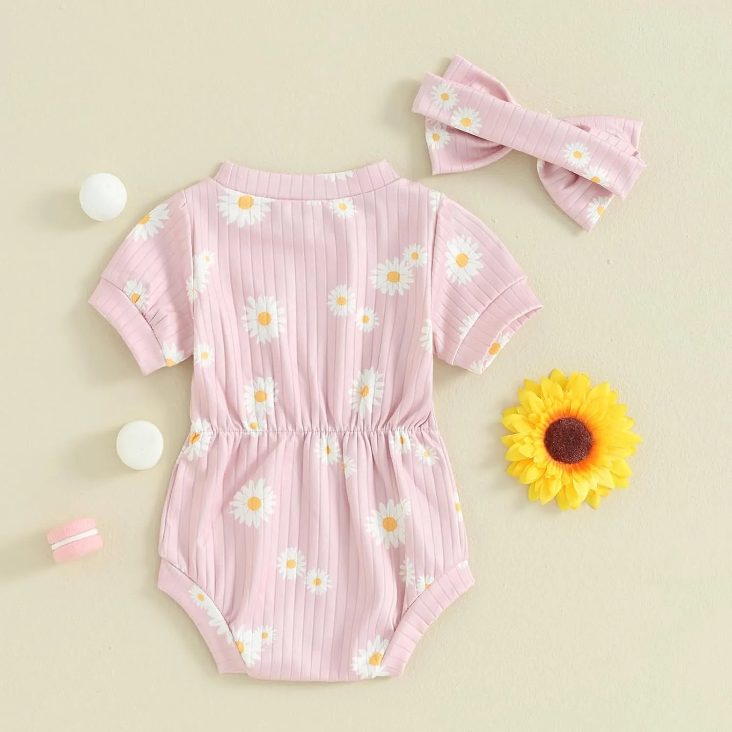 Baby Girls Romper Round Neck Short Sleeve Ribbed Daisy Bodysuit Toddler Summer Smocked Romper Clothes with Headband