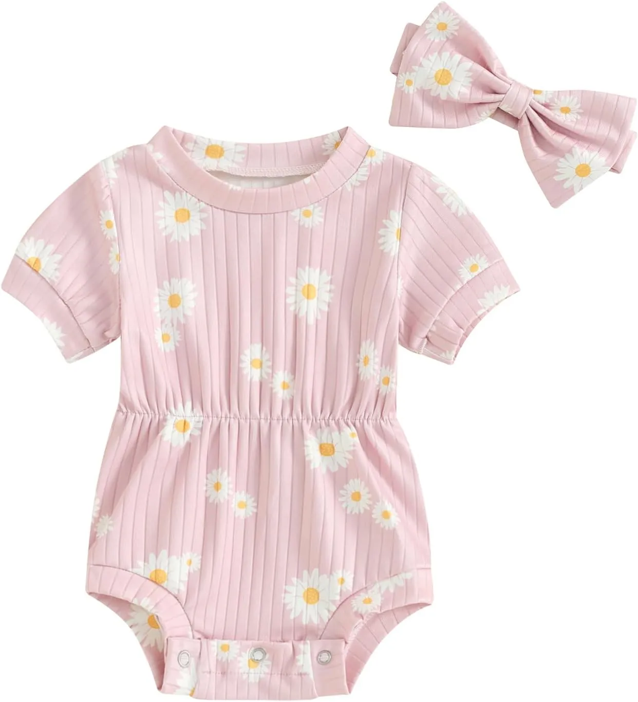 Baby Girls Romper Round Neck Short Sleeve Ribbed Daisy Bodysuit Toddler Summer Smocked Romper Clothes with Headband