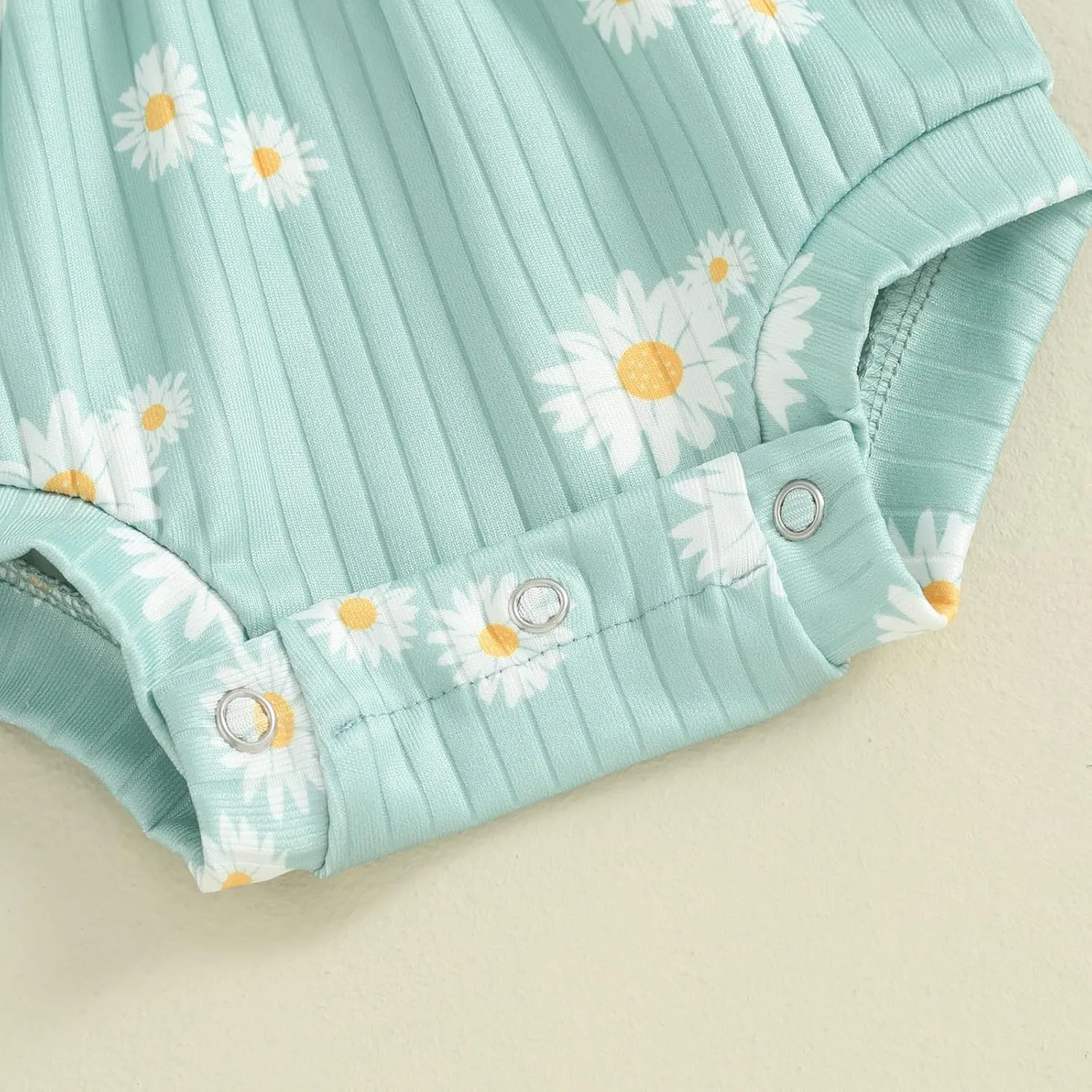 Baby Girls Romper Round Neck Short Sleeve Ribbed Daisy Bodysuit Toddler Summer Smocked Romper Clothes with Headband