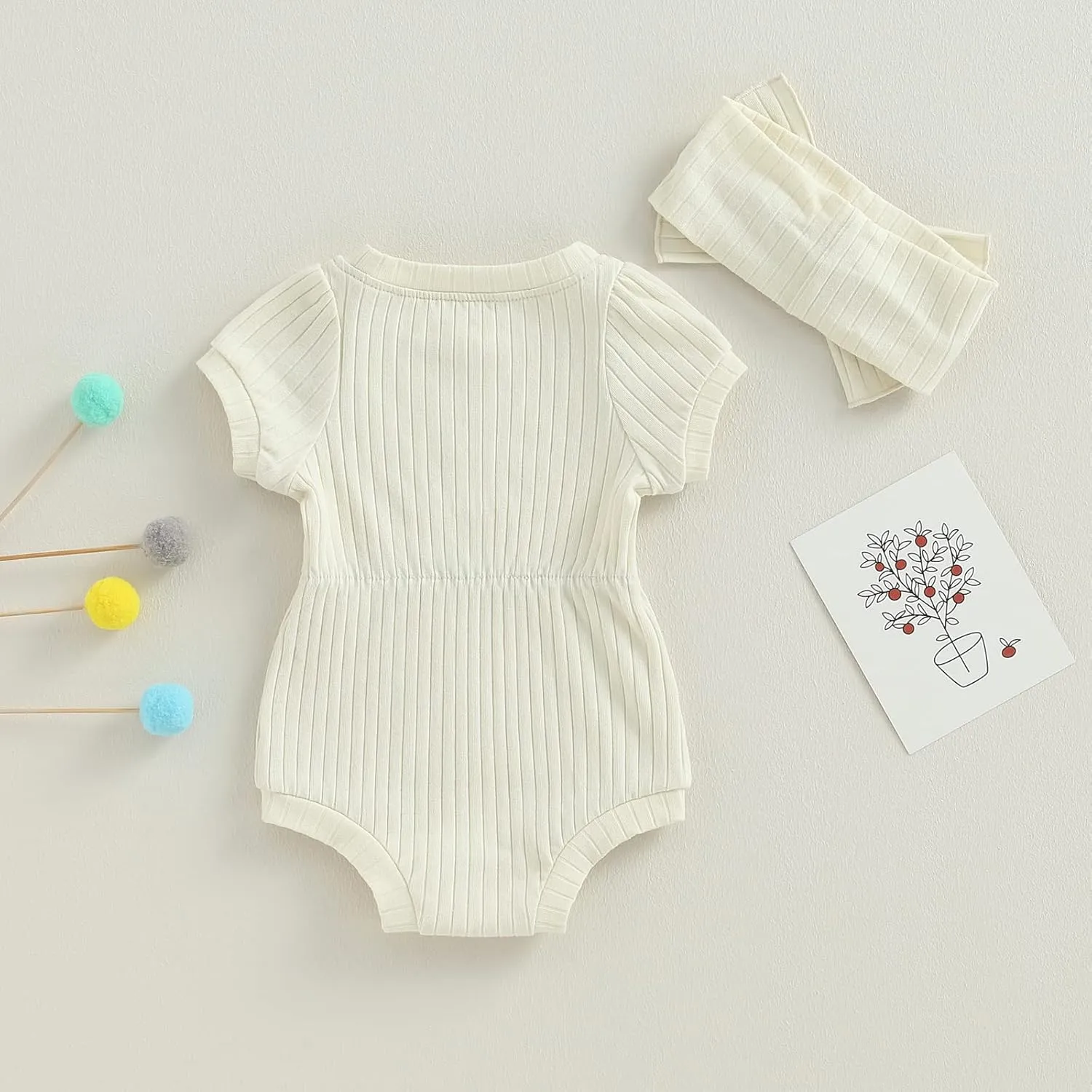 Baby Girls Romper Round Neck Short Sleeve Ribbed Daisy Bodysuit Toddler Summer Smocked Romper Clothes with Headband