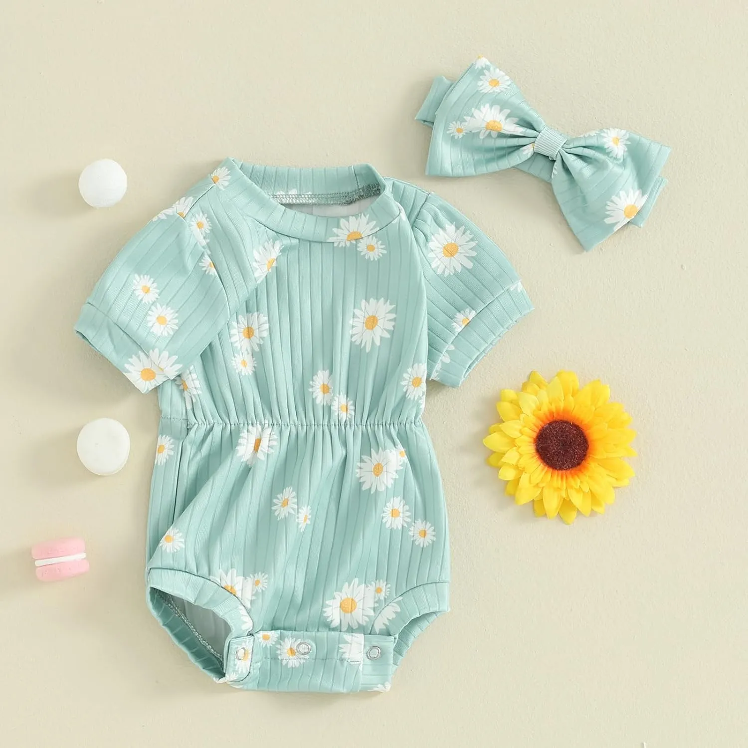 Baby Girls Romper Round Neck Short Sleeve Ribbed Daisy Bodysuit Toddler Summer Smocked Romper Clothes with Headband