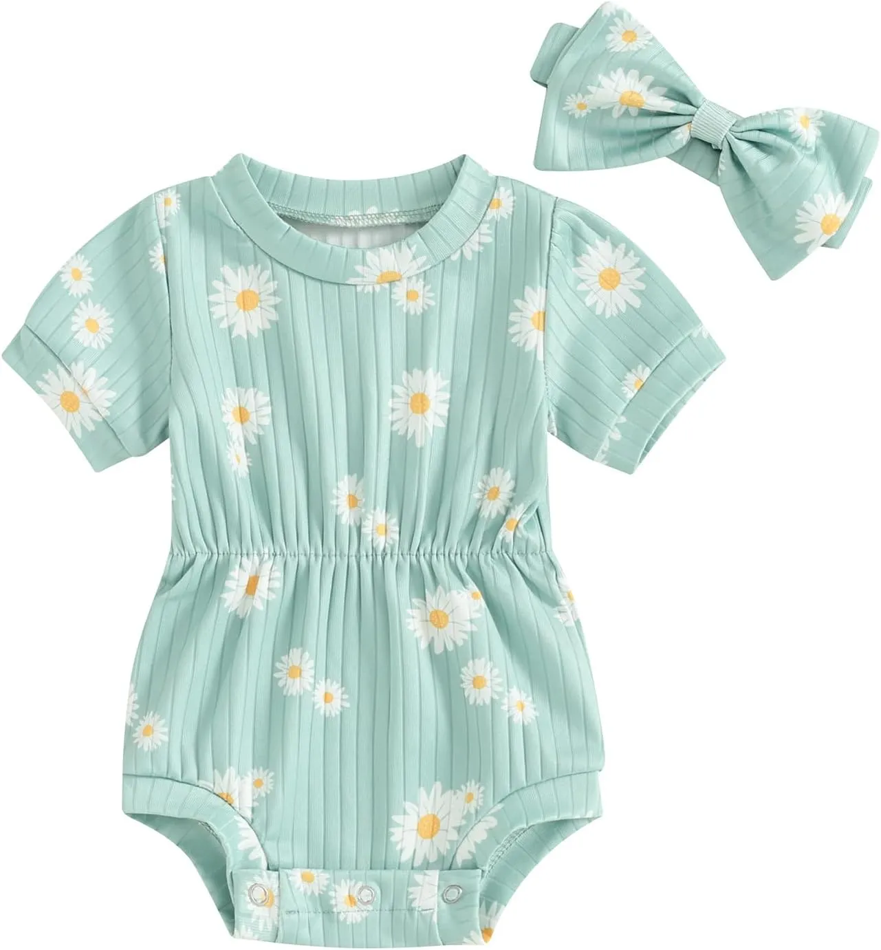 Baby Girls Romper Round Neck Short Sleeve Ribbed Daisy Bodysuit Toddler Summer Smocked Romper Clothes with Headband