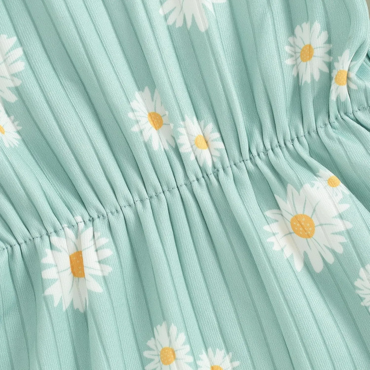 Baby Girls Romper Round Neck Short Sleeve Ribbed Daisy Bodysuit Toddler Summer Smocked Romper Clothes with Headband