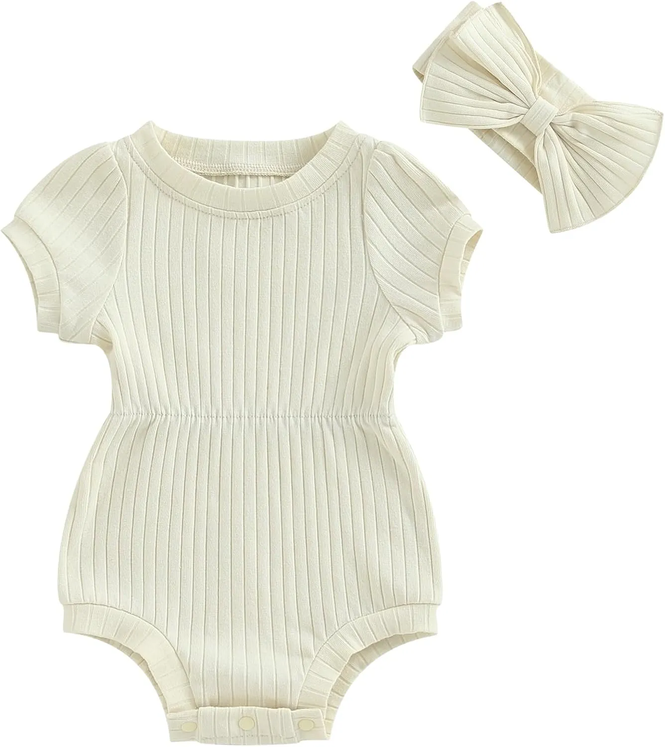 Baby Girls Romper Round Neck Short Sleeve Ribbed Daisy Bodysuit Toddler Summer Smocked Romper Clothes with Headband