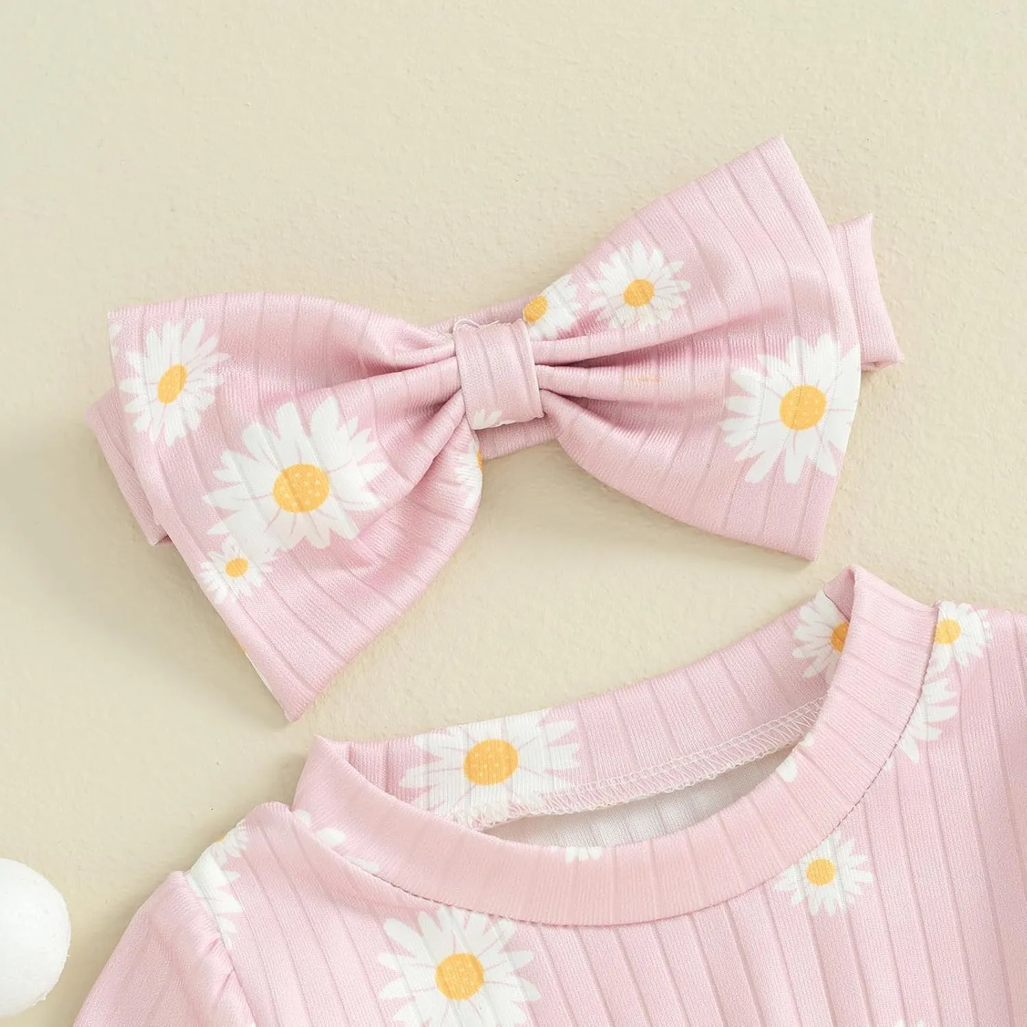 Baby Girls Romper Round Neck Short Sleeve Ribbed Daisy Bodysuit Toddler Summer Smocked Romper Clothes with Headband