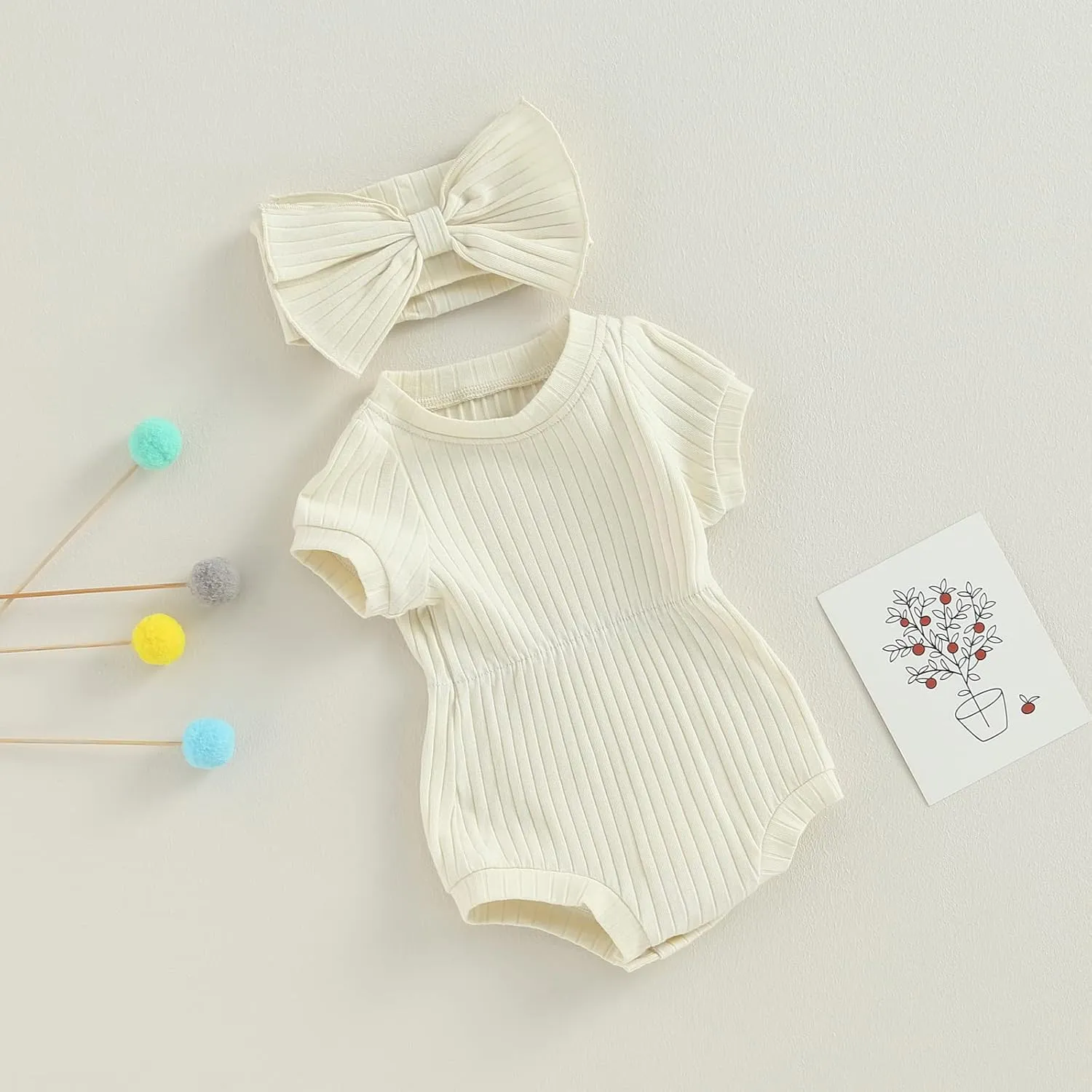 Baby Girls Romper Round Neck Short Sleeve Ribbed Daisy Bodysuit Toddler Summer Smocked Romper Clothes with Headband