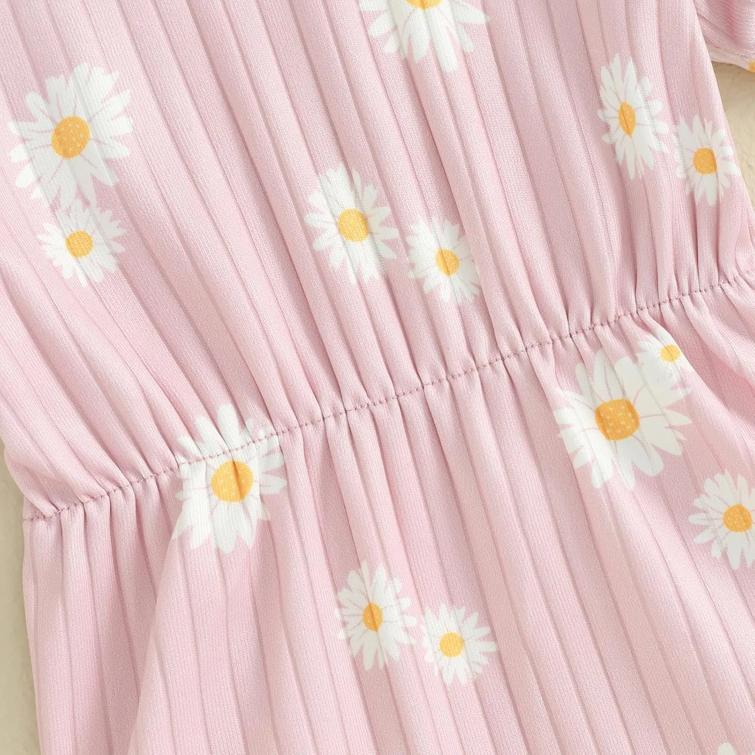 Baby Girls Romper Round Neck Short Sleeve Ribbed Daisy Bodysuit Toddler Summer Smocked Romper Clothes with Headband
