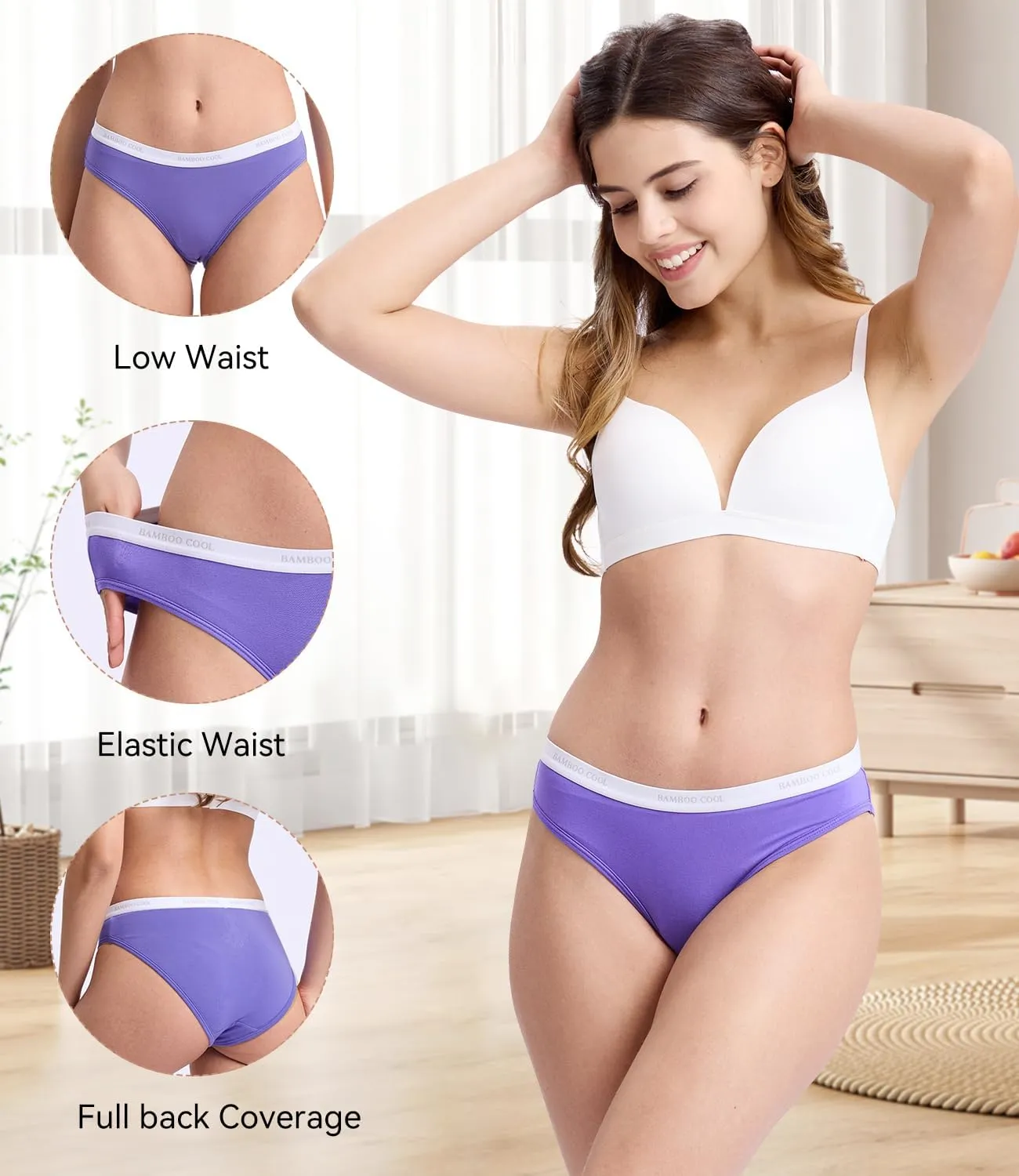 BAMBOO COOL Womens Underwear Soft Bikini High Cut Panties Stretch Moisture Wicking Panties for Women, 5-Pack