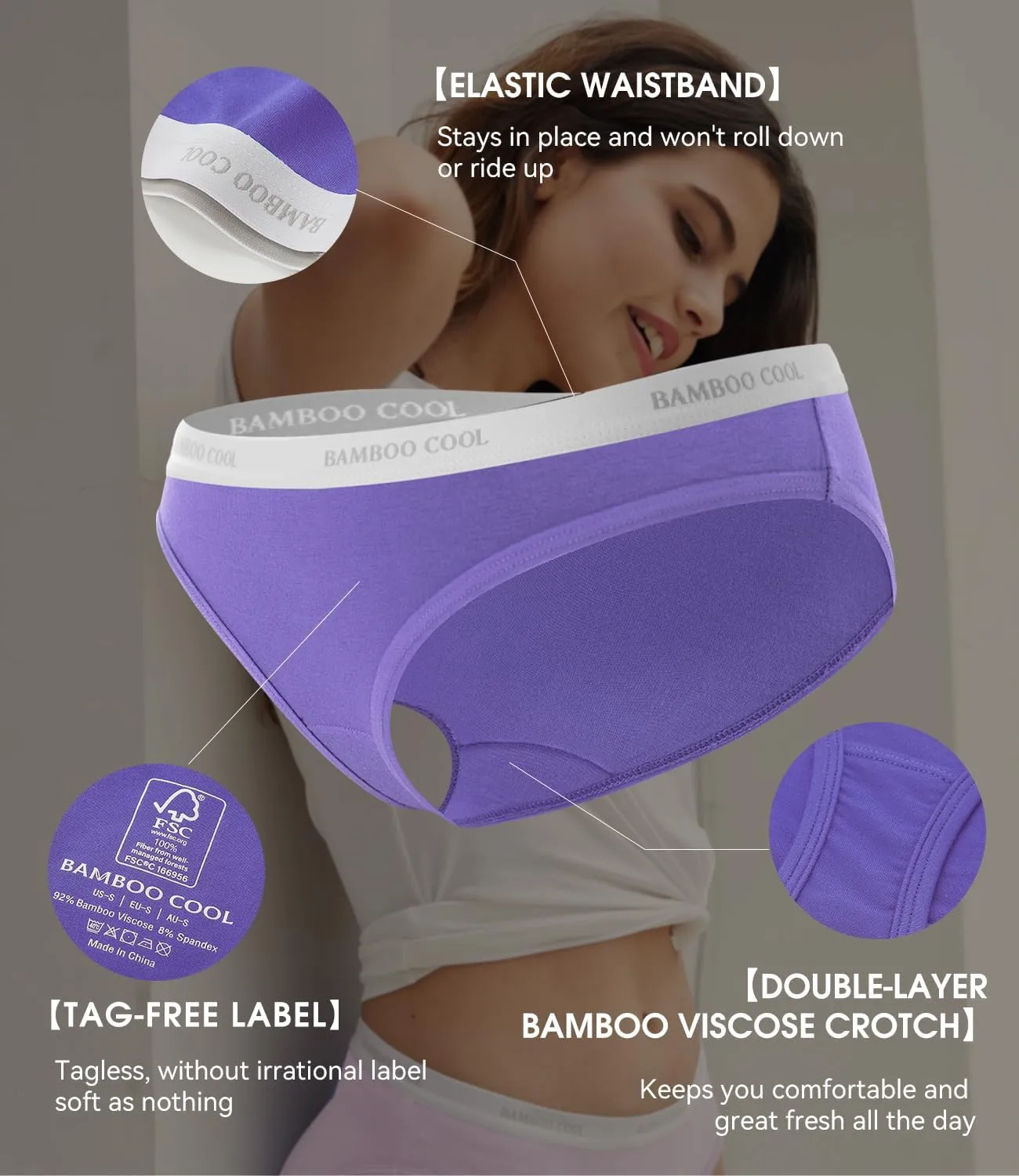 BAMBOO COOL Womens Underwear Soft Bikini High Cut Panties Stretch Moisture Wicking Panties for Women, 5-Pack