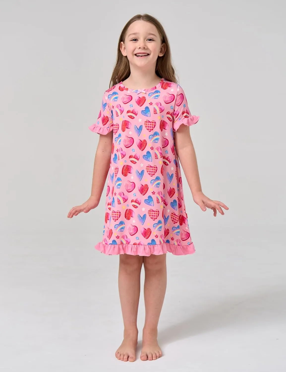 Bamboo Viscose Girls Nightgowns Ruffle Short Sleeve Crew Neck Girls' Sleepwear